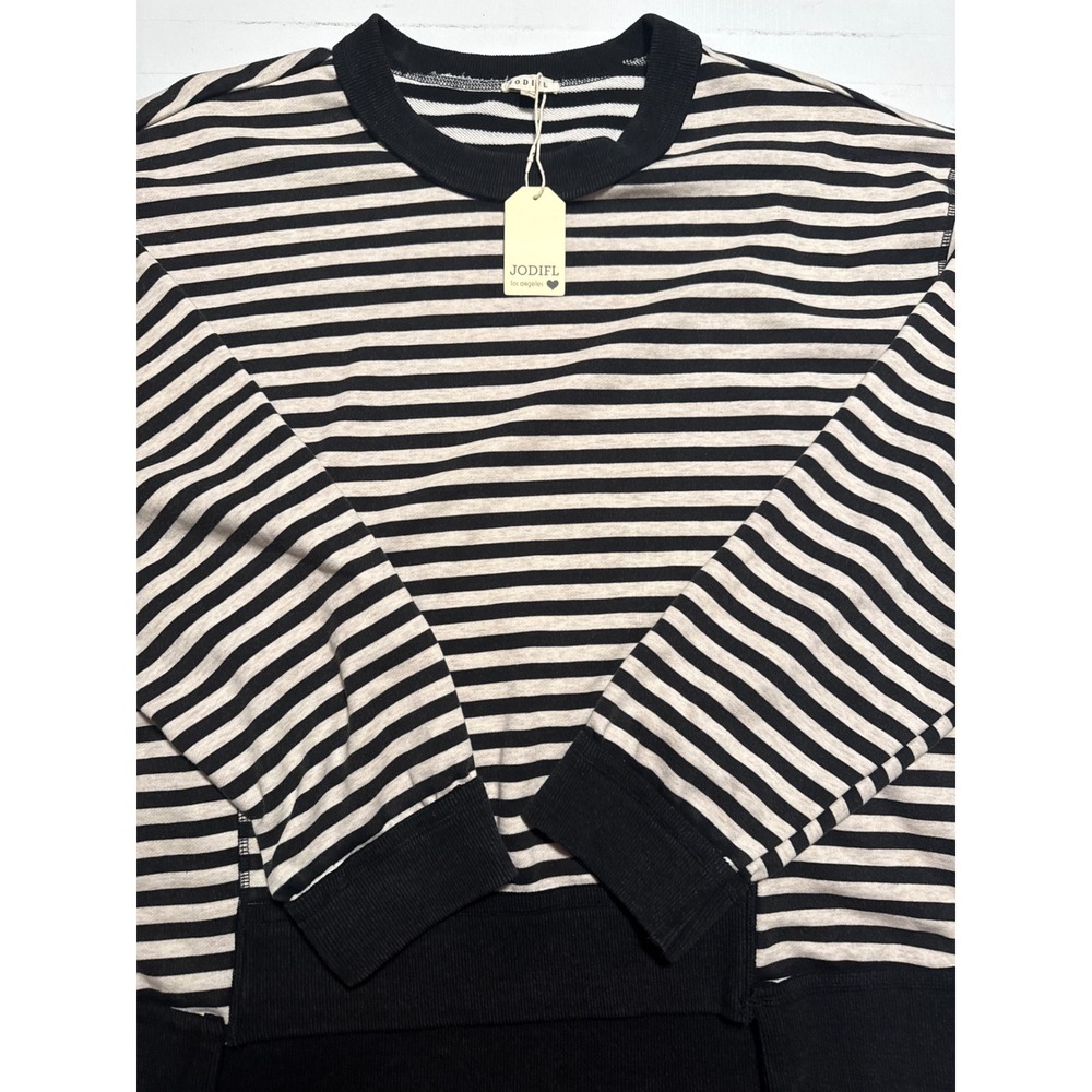 Jodifl‎ Striped Pullover Top Womens Large Black Cream NEW Long Sleeve Crew Neck